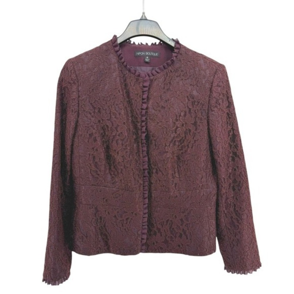 NIPON BOUTIQUE Womens 14 Pre-Owned Eggplant Lace Ruffle Collar Jacket Blazer